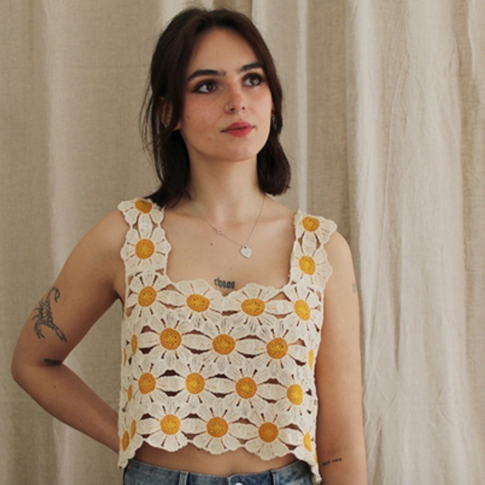 Sarah Daisy Floral Cream & Gold Crochet Crop Top